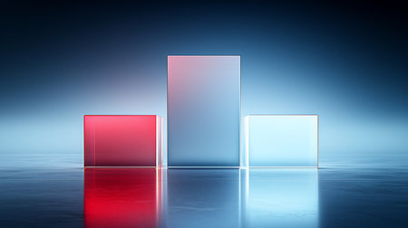 Three translucent glass cubes of varying heights, illuminated with red, blue, and pinkish-blue light, stand on a wet, reflective surface.の素材
