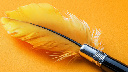 A close-up of a bright yellow feather with delicate barbs, attached to a black pen with a shiny silver band.の素材
