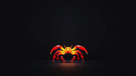Brightly illuminated orange and red crab figurine, featuring a rough, spiky texture across its shell and legs. Symmetrically posed with prominent claws.の素材