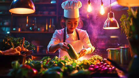 A focused young chef in a white uniform and toque is preparing fresh produce, surrounded by colorful vegetables and illuminated by warm, dramatic lighting.の素材