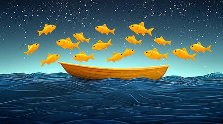 A vibrant illustration depicts a school of bright golden fish swimming in a stylized ocean, surrounding a wooden boat.の素材
