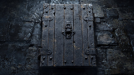 A close-up view of a weathered, dark wooden door with thick metal reinforcements, featuring a prominent, intricate metal clasp and numerous rivets.の素材