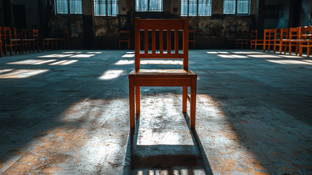 A solitary wooden chair, crafted from rich brown wood, stands prominently in the center of a room, illuminated by stark sunlight.の素材