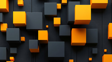 3D rendered abstract composition featuring floating cubes in varying sizes and orientations. The cubes are colored in shades of orange and gray, creating a dynamic visual effect.の素材