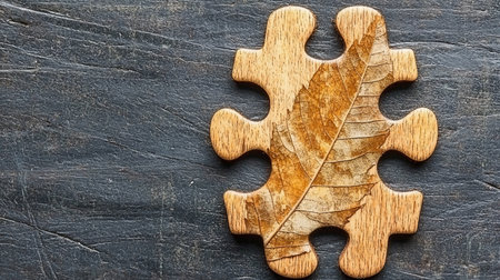 Two interlocking wooden jigsaw pieces with a natural wood grain, featuring a detailed, veined, and textured dried brown leaf pattern across their surface.の素材