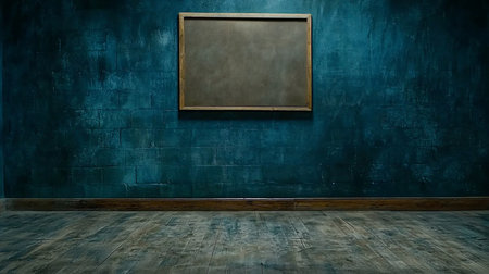A weathered, empty blackboard with a wooden frame hangs on a textured, dark teal brick wall, above a rustic wooden floor.の素材
