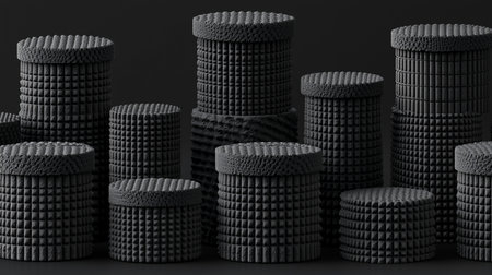 A collection of dark, cylindrical objects displaying intricate textures, including repetitive pyramidal studs, vertical ribs, and rough, granular top surfaces.の素材