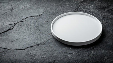 Pristine white circular plate with a smooth, matte finish and a distinct, subtly raised rim. Its clean design is versatile.の素材