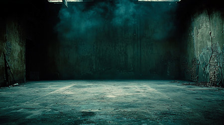 A dark, derelict room with cracked, peeling walls and a dusty concrete floor, illuminated by a faint teal smoke.の素材