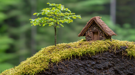A miniature stone cottage with a thatched roof sits atop a moss-covered hillside, next to a small tree. The cottage has a wooden door.の素材