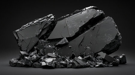 A close-up view of a pile of dark, fractured mineral pieces, showcasing their sharp edges and smooth, reflective surfaces.の素材