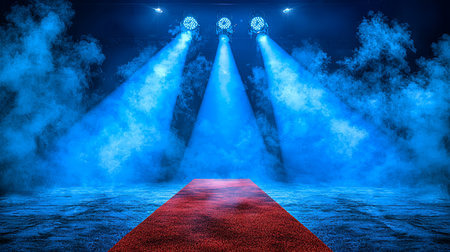 A red carpet illuminated by three blue spotlights with smoke effects, creating a dramatic and atmospheric stage or event setting.の素材