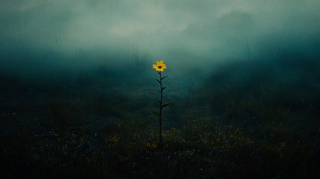 A single vibrant yellow flower with delicate petals stands upright on a slender stem, its bright color contrasting with the moody, atmospheric fog.の素材