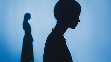 A dark silhouette of a woman's profile is shown against a soft blue background, with another blurred silhouette of a woman in a dress behind her.の素材