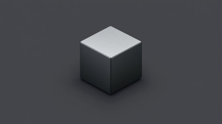 A three-dimensional cube with a textured gray surface and sharp, defined edges is presented against a dark, monochromatic backdrop.の素材