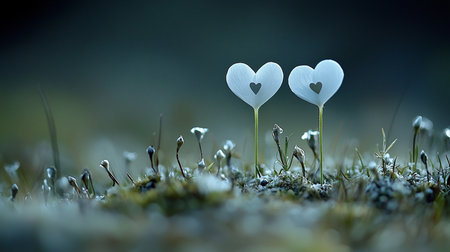 Two translucent white heart-shaped leaves, each with a smaller heart cutout, standing upright on slender green stems.の素材