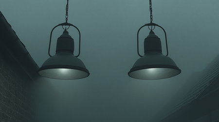 A pair of dark, metallic, dome-shaped lamps suspended by chains. The interior of each shade is illuminated, casting a bright, cool glow downwards.の素材