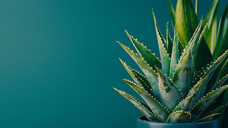 Close-up of an aloe vera plant with thick, green leaves. The leaves have sharp, spiky edges and a textured surface. The plant is in a dark pot.の素材