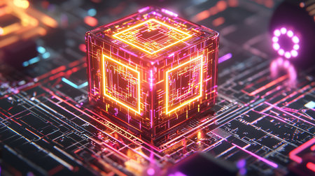 A futuristic transparent cube, illuminated with bright orange and pink neon circuit lines, showcasing complex digital energy and connectivity.の素材