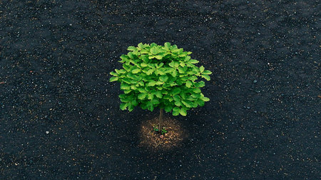 A vibrant, lush green oak tree sapling with dense foliage stands in dark, textured soil, showcasing its healthy growth.の素材