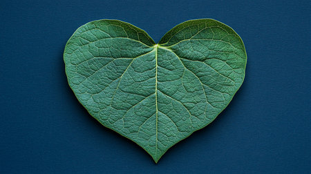 A single, lush green leaf, perfectly shaped like a heart, displays a detailed network of prominent veins and a textured surface.の素材