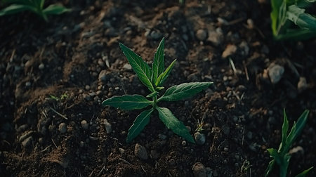A small, vibrant green plant sprout with pointed leaves grows from dark, rich soil, illuminated by sunlight.の素材