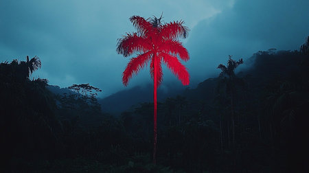 A solitary palm tree, intensely illuminated with a vibrant red hue, stands tall amidst a dark, misty tropical forest landscape.の素材
