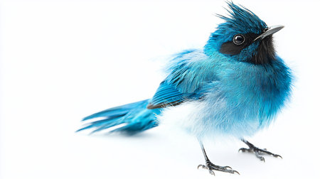 A small, vibrant blue bird with a spiky crest and fluffy feathers. It has black markings around its eyes and throat and is looking upwards curiously.の素材