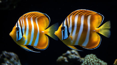 A close-up of two tropical fish swimming side-by-side, featuring bold vertical stripes of yellow-orange, white, and iridescent blue, with a black band across the eye.の素材