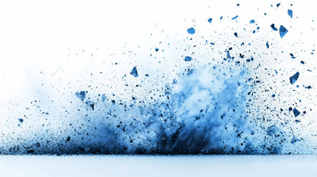 A dynamic, high-speed explosion of blue material on a white surface. Sharp fragments, fine particles, and a cloud of dust are captured in mid-air motion.の素材