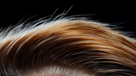 Detailed macro shot of wavy auburn hair with silver highlights. The hair displays a smooth texture with varying shades of brown and blonde.の素材
