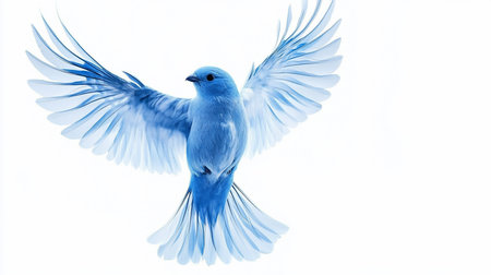 A beautiful blue bird with outstretched wings, captured mid-flight. The bird's feathers are detailed, with a soft, translucent quality.の素材