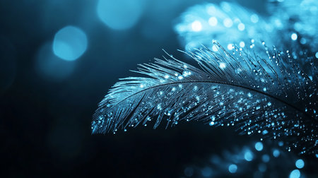 A teal-toned feather is adorned with water droplets, creating a sparkling effect against a dark background with bokeh lights.の素材