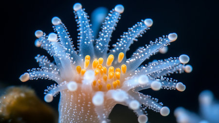 Close-up of a sea anemone featuring translucent, spiky tentacles dotted with white spheres, surrounding a cluster of vibrant yellow structures.の素材