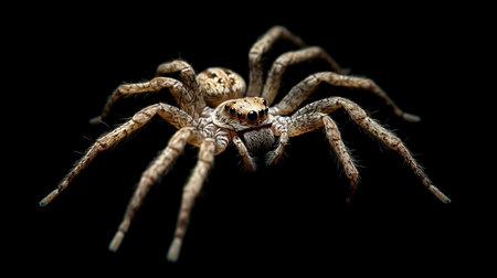 A highly detailed macro photograph showcases a small, hairy jumping spider with intricate patterns on its body and eight prominent eyes, against a dark background.の素材