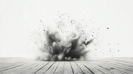A dramatic, high-speed black powder explosion erupts, scattering fine particles and larger debris against a stark white background.の素材