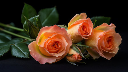 A cluster of vibrant peach roses, some in full bloom and others as buds, adorned with glistening water droplets, set against a deep black backdrop.の素材