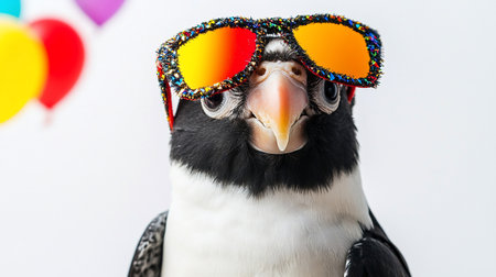 A black and white bird with a pale beak stares forward, wearing oversized, festive sunglasses with orange mirrored lenses and a sparkly, multi-colored tinsel frame.の素材