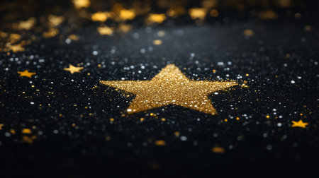 A prominent golden star, covered in fine glitter, rests on a dark, textured surface. Numerous small, scattered golden and white sparkles add to the festive and celestial feel.の素材