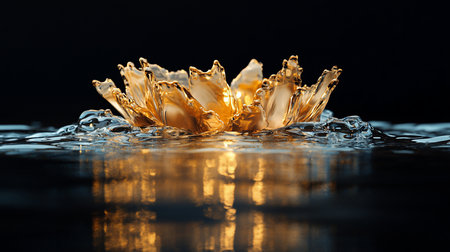 A golden lotus flower with translucent petals rests on rippling water, reflecting light and creating a shimmering effect.の素材