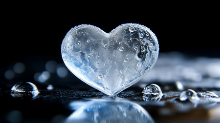 A detailed close-up of a heart-shaped ice sculpture, featuring internal air bubbles and glistening water droplets on its surface.の素材