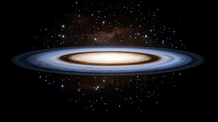 A detailed illustration of a spiral galaxy, showcasing a bright, luminous core surrounded by multiple rings of stars and dust.の素材