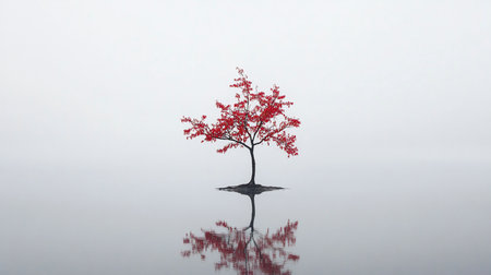 A single tree with vibrant red leaves stands in calm, reflective water, creating a striking symmetrical image.の素材