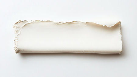 Rolled sheet of paper with a torn, irregular edge, revealing a textured surface. The paper is a light cream color.の素材