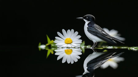 A small, elegant black and white bird with a pointed beak stands upright next to a white daisy with a vibrant yellow center, both clearly reflected.の素材