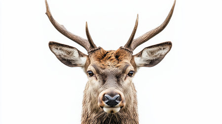 A symmetrical, front-facing portrait of a young stag. It has textured brown antlers, large furry ears, dark eyes, and damp, shaggy brown and beige fur.の素材