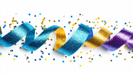Vibrant blue, gold, and purple glitter ribbons elegantly curled, surrounded by scattered round confetti.の素材