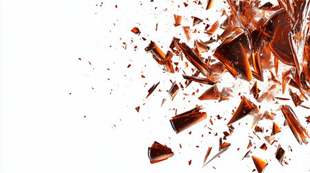 Abstract image of shattered glass fragments in various sizes and shapes, with orange and brown tones. The fragments appear to be exploding.の素材