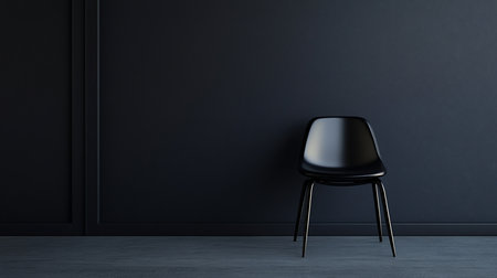 A single, glossy black modern chair with slender metallic legs stands against a textured dark blue wall and grey floor.の素材