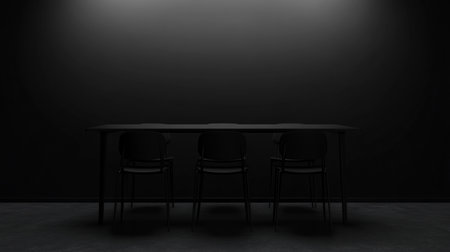 A modern, minimalist set of a long black table and three chairs with thin legs and a matte finish, arranged in a stark, empty, dark room.の素材